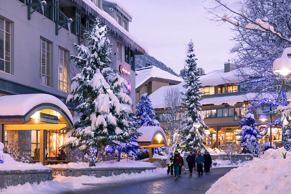 Whistler Village in winter with twinkly lights